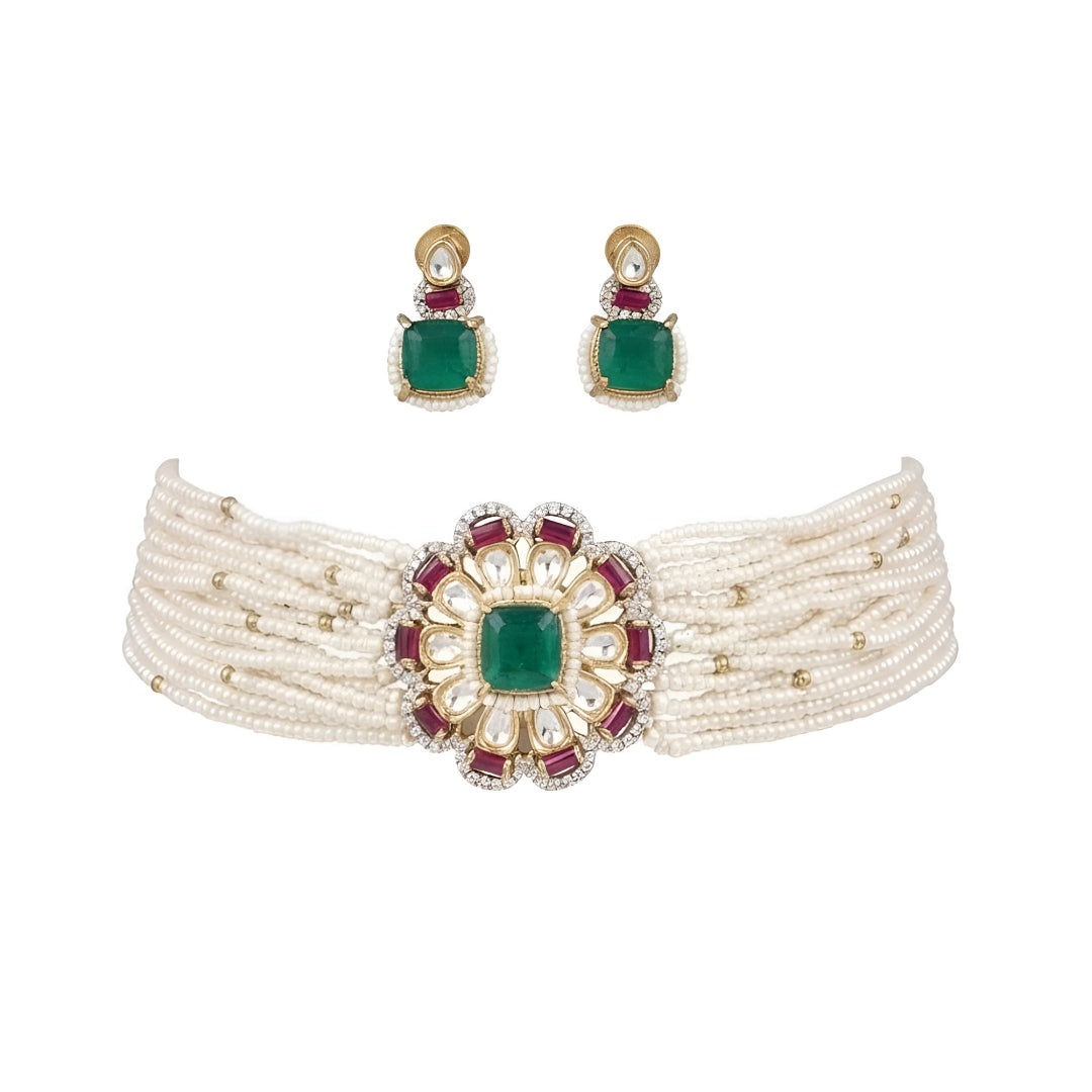 Kundan Pearl Choker Set with Green Stone Earrings