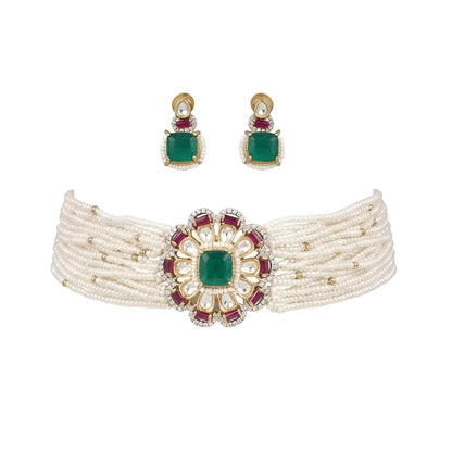 Kundan Pearl Choker Set with Green Stone Earrings