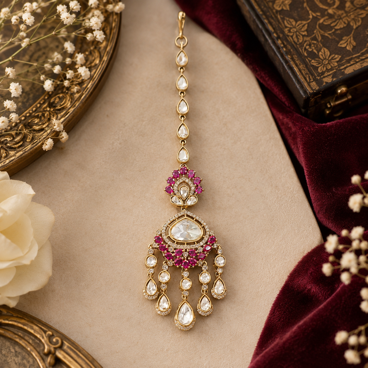 Gold finish kundan polki maang tikka with ruby pink pear-stone fan, large clear centre stone, American diamond halo and chandelier-style kundan drops – Auraa Trends