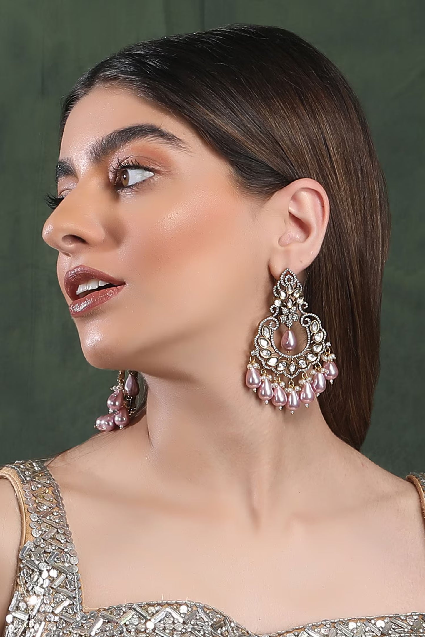 Sophisticated Gold-Colored Kundan Chandbali Earrings with Pearl Droplets