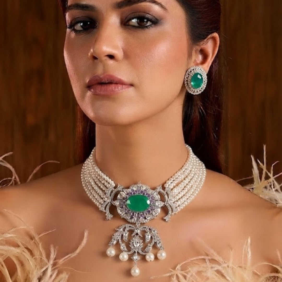 Emerald Green Pearl Choker Necklace Set with American Diamonds and Matching Stud Earrings for Women