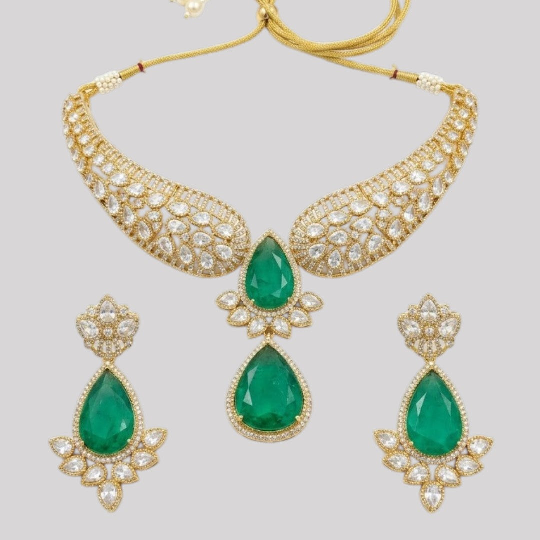 Gold Kundan Necklace Set with Green Stone Pendant & Matching Earrings