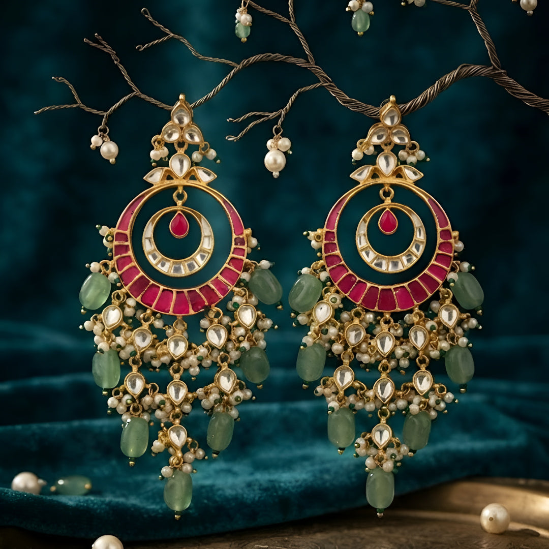 Pink meenakari Kundan chandbali earrings with green stone beads and pearl drops in antique gold finish for women.