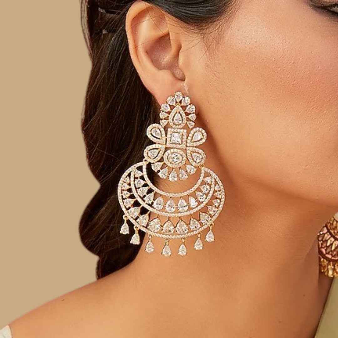 Gold-Plated American Diamond Chandbali Earrings