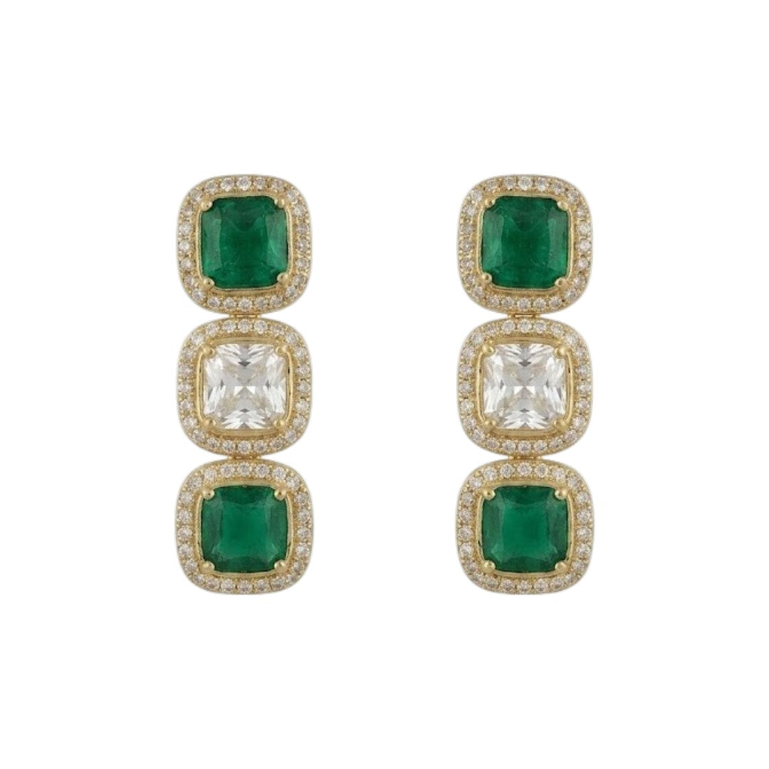 Luxury emerald green and white stone choker necklace set with matching earrings on white background.