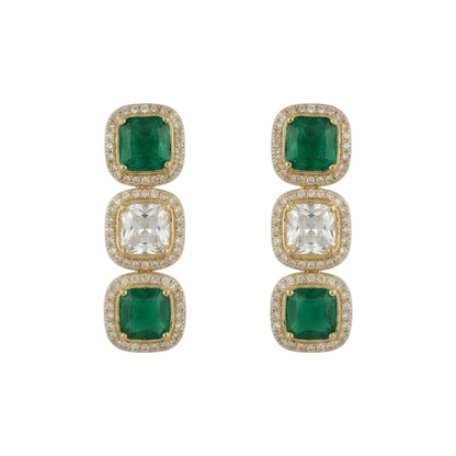 Luxury emerald green and white stone choker necklace set with matching earrings on white background.