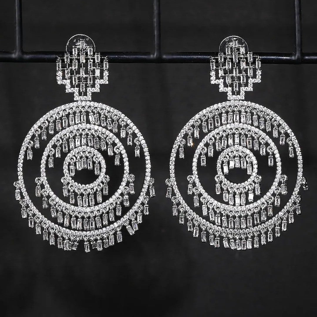 Sparkling crystal concentric circle drop earrings with intricate hanging accents

