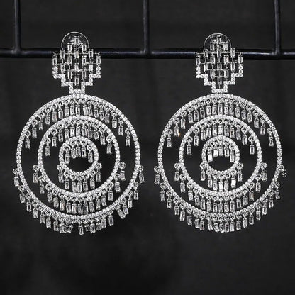 Sparkling crystal concentric circle drop earrings with intricate hanging accents

