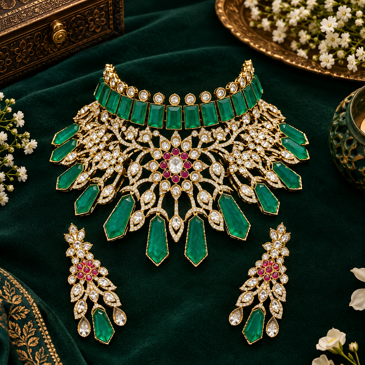 Gold plated emerald green kundan bridal choker necklace set with ruby-pink flower centre, green drops and matching chandelier earrings