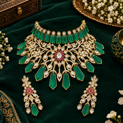 Gold plated emerald green kundan bridal choker necklace set with ruby-pink flower centre, green drops and matching chandelier earrings