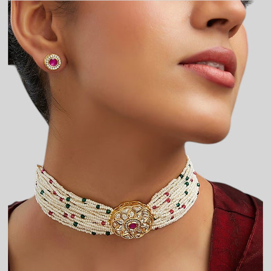 Multi-Strand Pearl Beaded Choker with Kundan Ruby Medallion