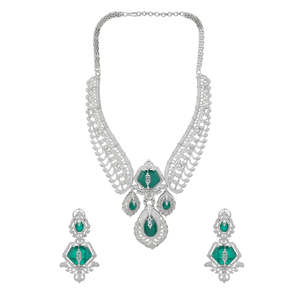 Silver plated green stone bridal necklace set with matching earrings featuring CZ diamond detailing and elegant pendant design