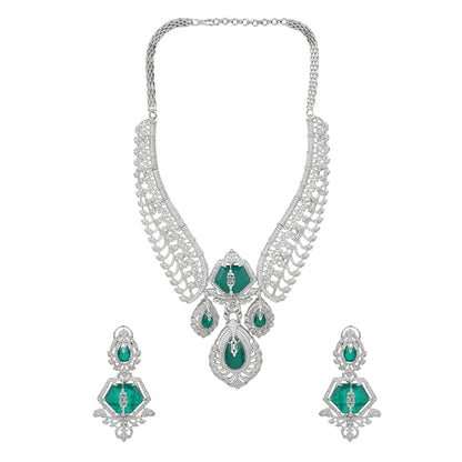 Silver plated green stone bridal necklace set with matching earrings featuring CZ diamond detailing and elegant pendant design