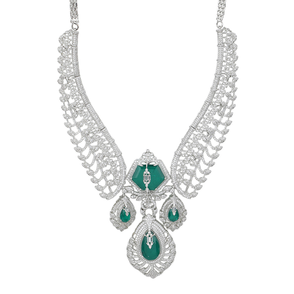 Silver plated green stone bridal necklace set with matching earrings featuring CZ diamond detailing and elegant pendant design