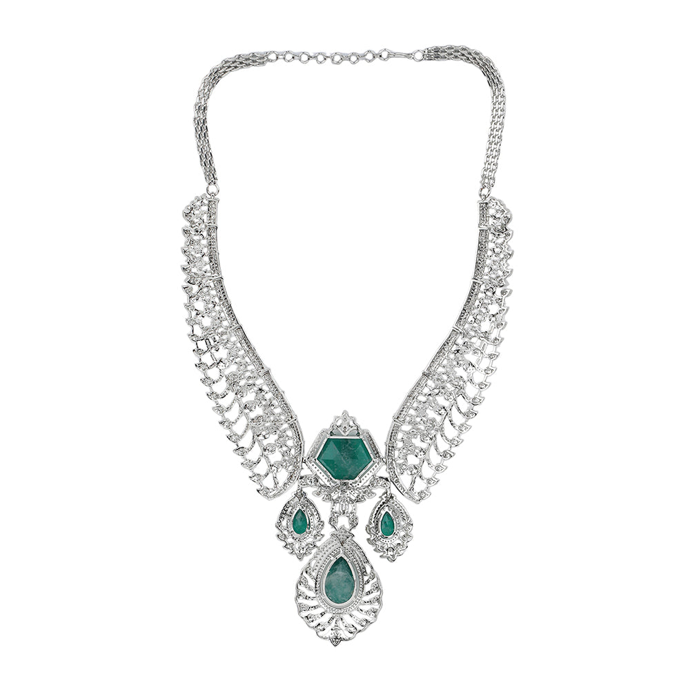 Silver plated green stone bridal necklace set with matching earrings featuring CZ diamond detailing and elegant pendant design
