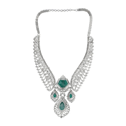 Silver plated green stone bridal necklace set with matching earrings featuring CZ diamond detailing and elegant pendant design