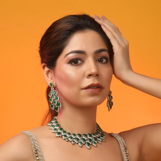 Luxury green stone bridal necklace set with matching earrings, gold plated statement jewelry for weddings and parties