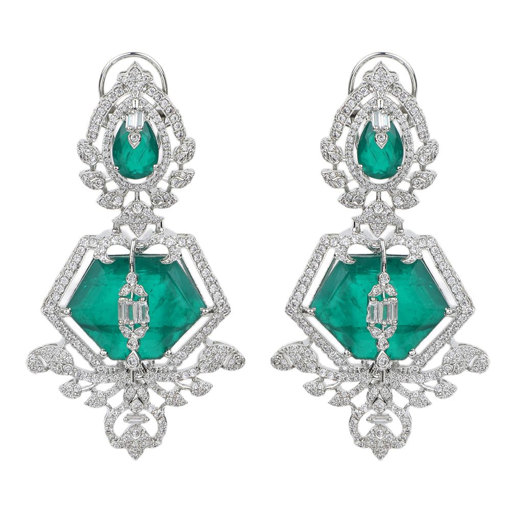 Silver plated green stone bridal necklace set with matching earrings featuring CZ diamond detailing and elegant pendant design