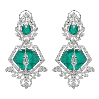 Silver plated green stone bridal necklace set with matching earrings featuring CZ diamond detailing and elegant pendant design