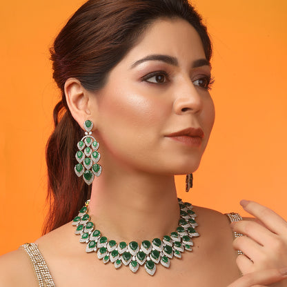 Luxury green stone bridal necklace set with matching earrings, gold plated statement jewelry for weddings and parties