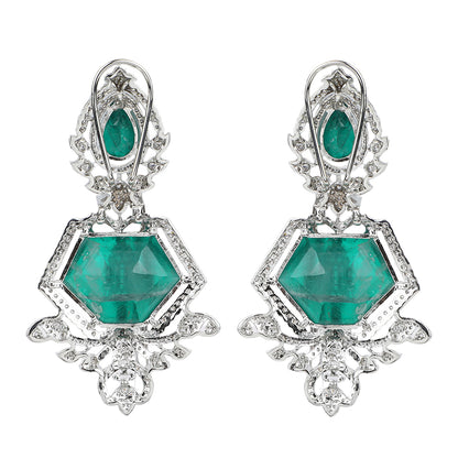 Silver plated green stone bridal necklace set with matching earrings featuring CZ diamond detailing and elegant pendant design