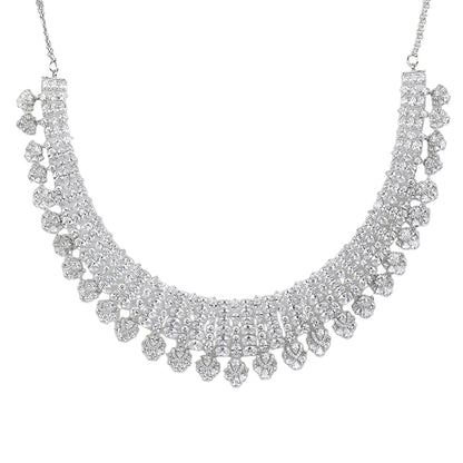 Silver American diamond necklace set with heart-shaped drop design and matching long earrings on white background