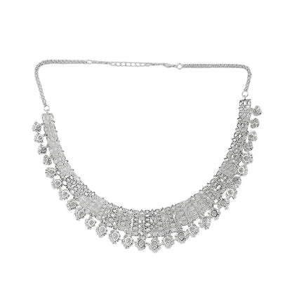 Silver American diamond necklace set with heart-shaped drop design and matching long earrings on white background