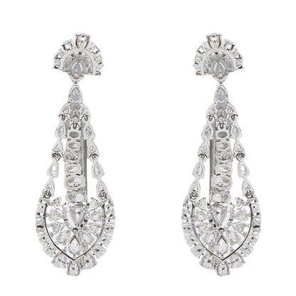 Silver American diamond necklace set with heart-shaped drop design and matching long earrings on white background