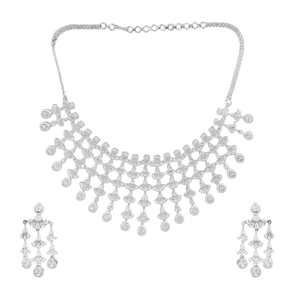 Silver plated American diamond necklace set with cascading drop design and matching chandelier earrings for women bridal jewelry