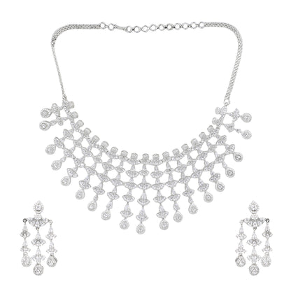 Silver plated American diamond necklace set with cascading drop design and matching chandelier earrings for women bridal jewelry