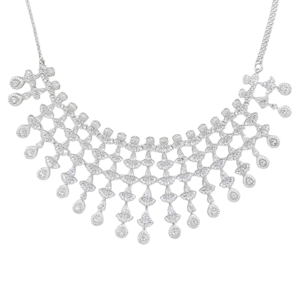 Silver plated American diamond necklace set with cascading drop design and matching chandelier earrings for women bridal jewelry