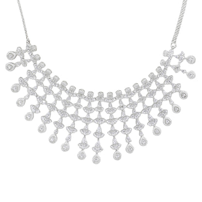 Silver plated American diamond necklace set with cascading drop design and matching chandelier earrings for women bridal jewelry