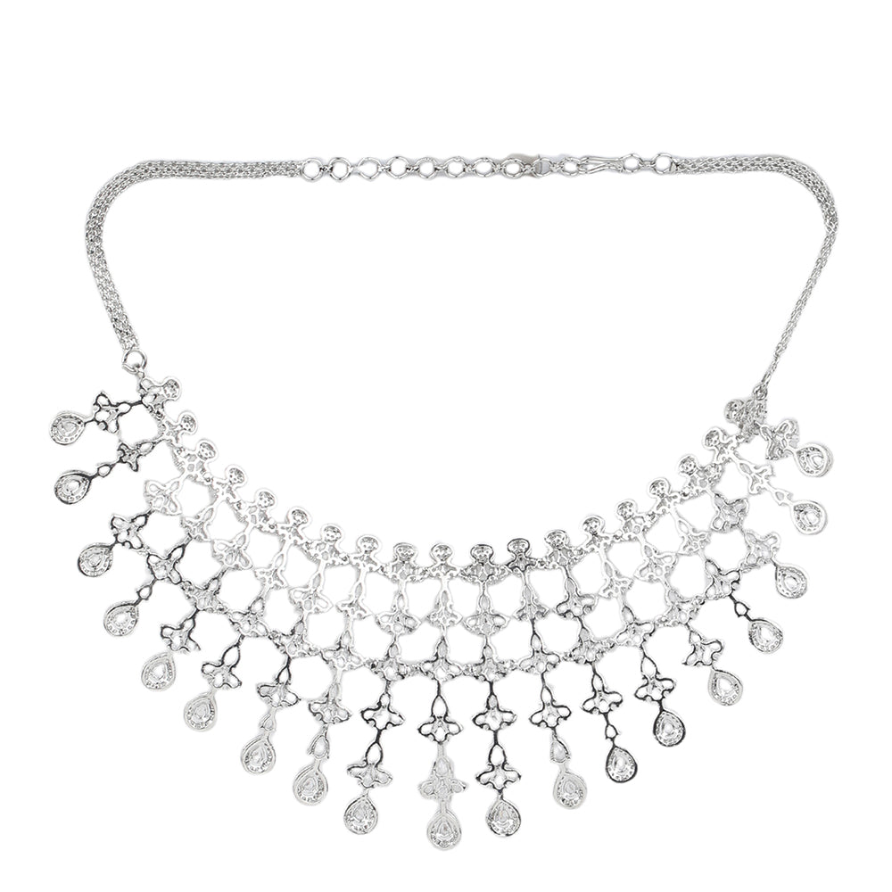 Silver plated American diamond necklace set with cascading drop design and matching chandelier earrings for women bridal jewelry