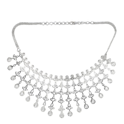 Silver plated American diamond necklace set with cascading drop design and matching chandelier earrings for women bridal jewelry