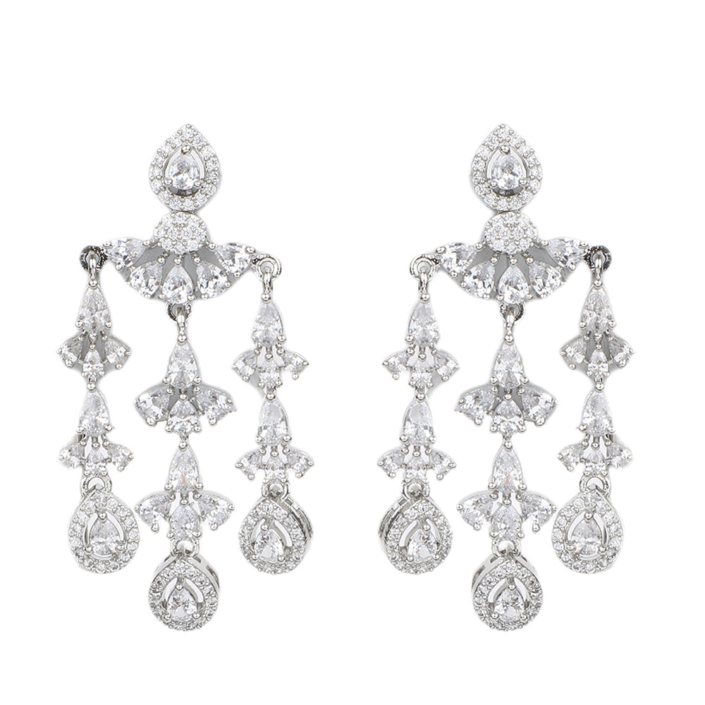 Silver plated American diamond necklace set with cascading drop design and matching chandelier earrings for women bridal jewelry
