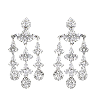 Silver plated American diamond necklace set with cascading drop design and matching chandelier earrings for women bridal jewelry