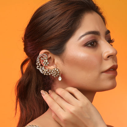 Gold Plated American Diamond Ear Cuff Earrings with Floral Design & Teardrop Dangle | Designer Statement Earrings