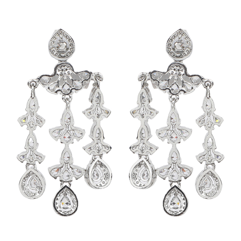 Silver plated American diamond necklace set with cascading drop design and matching chandelier earrings for women bridal jewelry