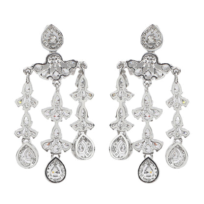 Silver plated American diamond necklace set with cascading drop design and matching chandelier earrings for women bridal jewelry
