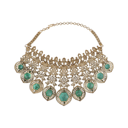 Gold plated choker necklace set with green stones and matching long earrings for bridal and party wear