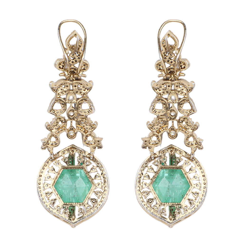 Gold plated choker necklace set with green stones and matching long earrings for bridal and party wear