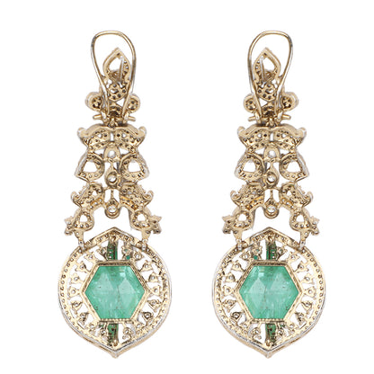 Gold plated choker necklace set with green stones and matching long earrings for bridal and party wear