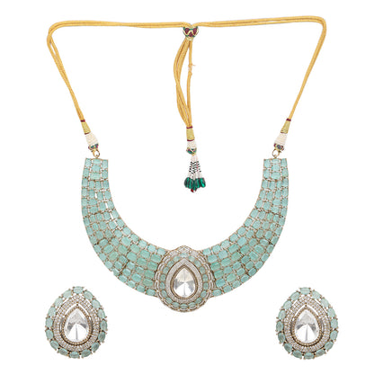 Gold plated mint green choker necklace set with teardrop pendant and matching earrings for bridal and party wear