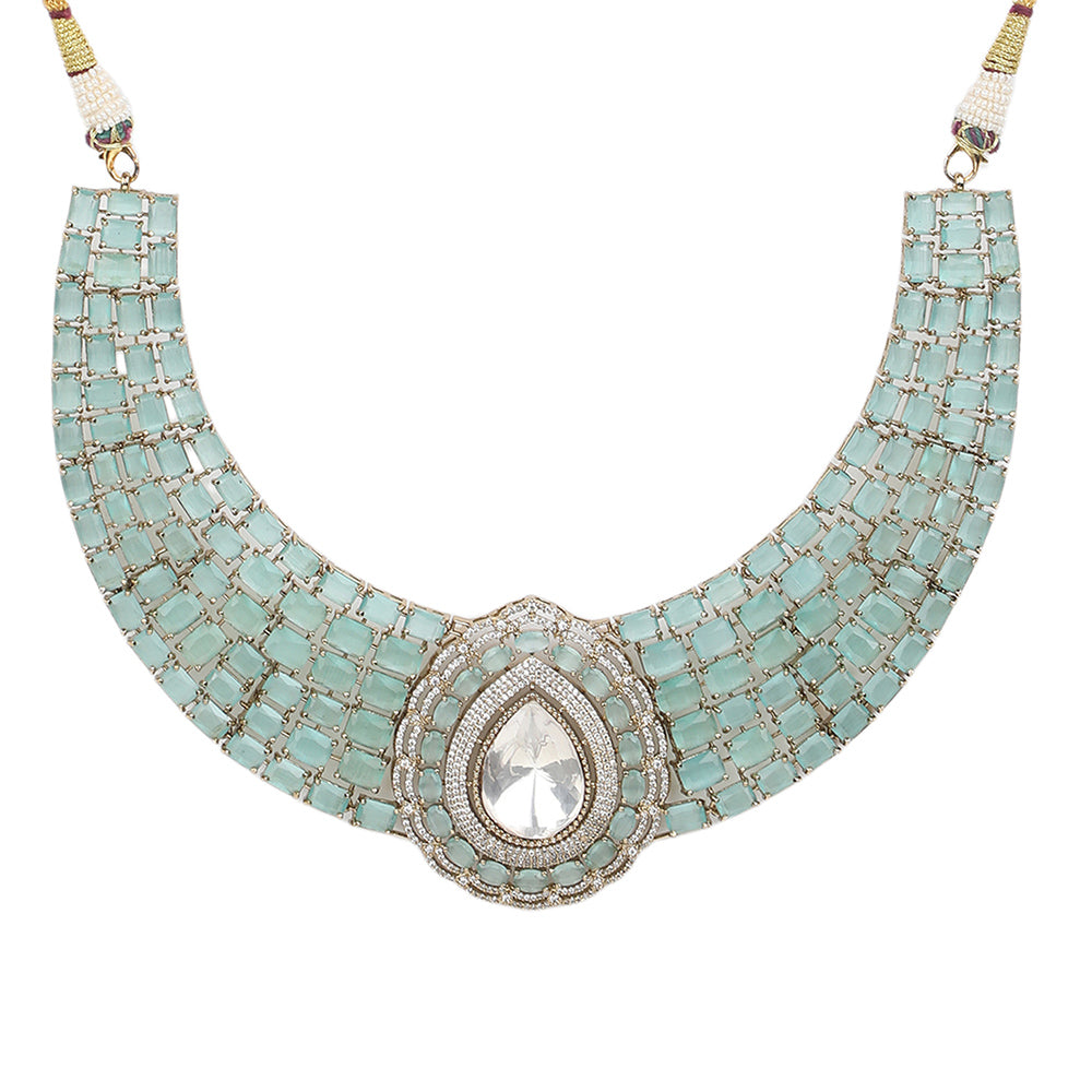 Gold plated mint green choker necklace set with teardrop pendant and matching earrings for bridal and party wear