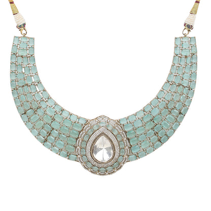 Gold plated mint green choker necklace set with teardrop pendant and matching earrings for bridal and party wear