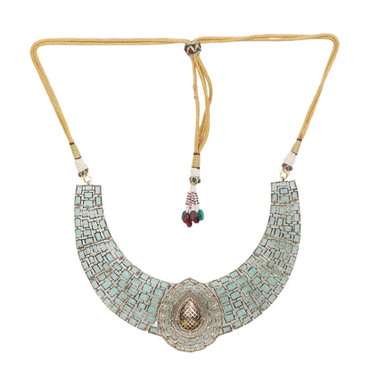 Gold plated mint green choker necklace set with teardrop pendant and matching earrings for bridal and party wear