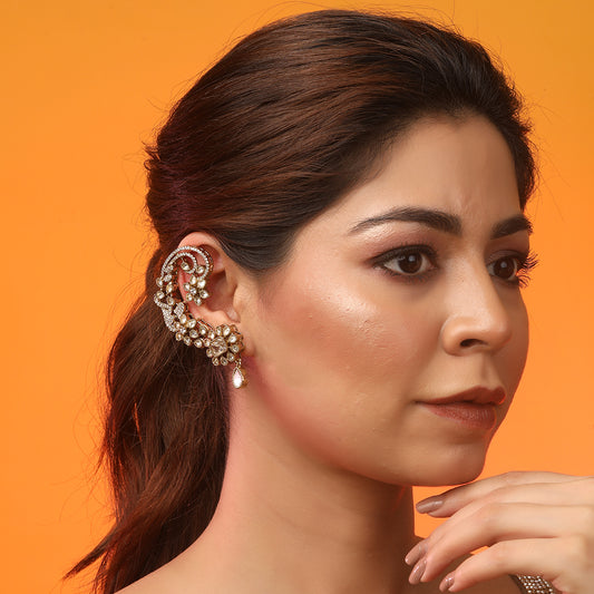 Gold Plated American Diamond Ear Cuff Earrings with Floral Design & Teardrop Dangle | Designer Statement Earrings