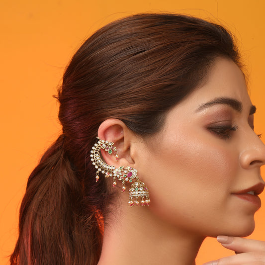 Traditional gold kundan jhumka earrings with pearl drops and colorful gemstones