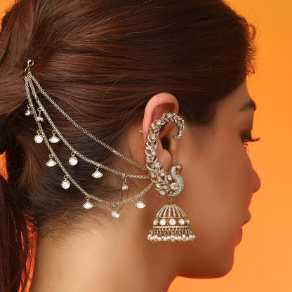 Gold-plated crystal multi-layer kaan chain for women with dangling charms, bridal ear chain accessory for weddings and festive wear.