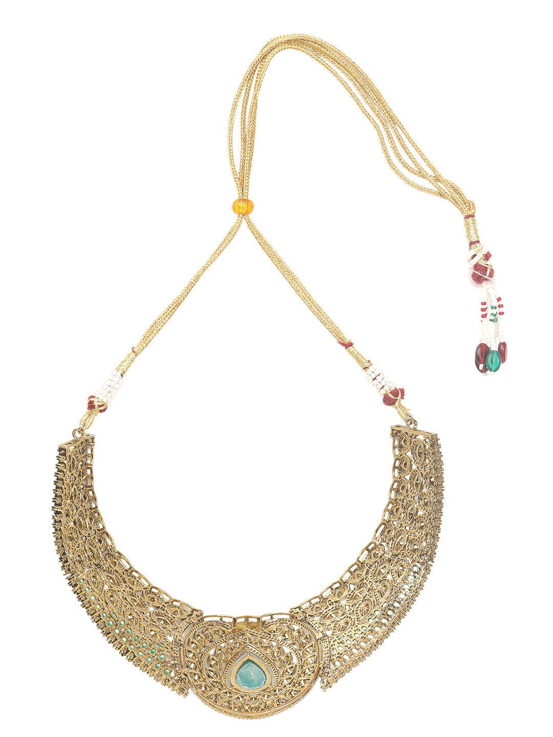 Gold-tone choker necklace set with intricate kundan-style detailing, highlighted by a large teardrop green stone centerpiece and matching drop earrings.